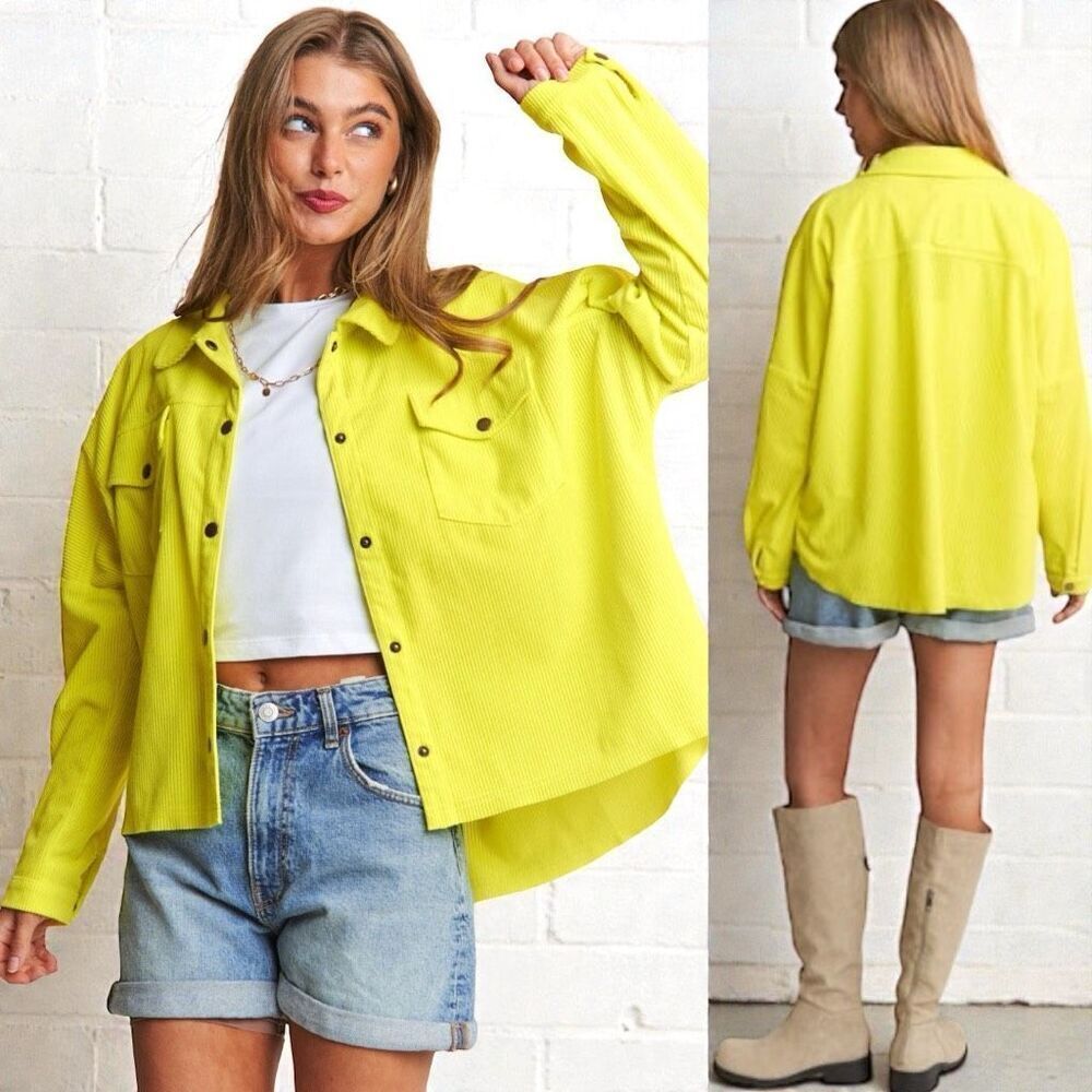J.NNA Chartreuse Corded Snap Down High Low Shacket – Size Large NWT